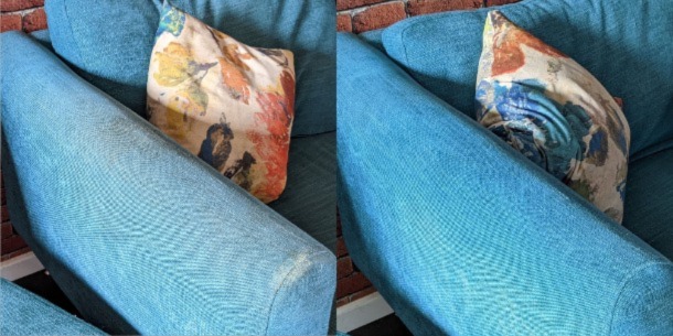Before after picture of dirty blue sofa